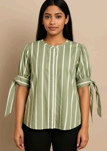 Green Striped Tie Sleeve Top For Women