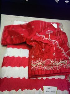Red &amp; White Striped Sari with Embellished Blouse