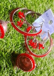 Red Beaded Hoop Jhumka Earrings