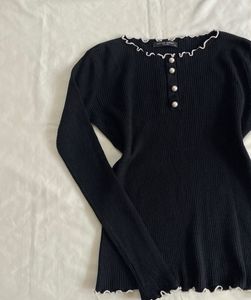 Black Ruffle Trim Long Sleeve Top