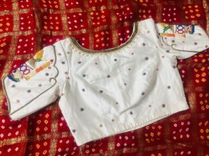 Bandhej Saree With White Zardosi Blouse