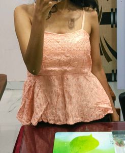 Strappy Pink Embroidered Peplum Top