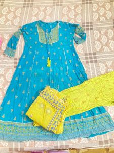 Green & Yellow Embroidered Frock Pant Set With Dup