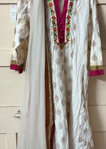 White & Pink Frock Style Kurta and Dupatta