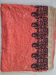 Peach & Black Embroidered Saree
