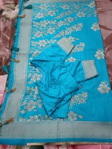 Blue Saree With Silver Print And Border
