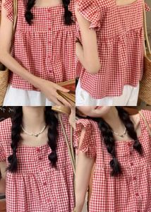 Red Gingham Ruffle Sleeve Top