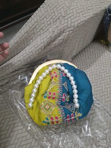 Olve Free Blue Potli Clutch With Pearl Handle