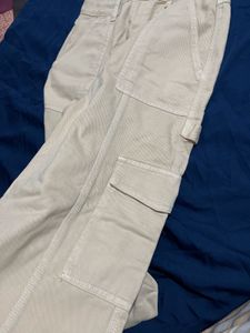 Beige Wide Leg Cargo Pants