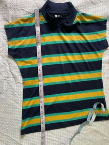 Retro Vibe Navy Striped High-Neck T-Shirt