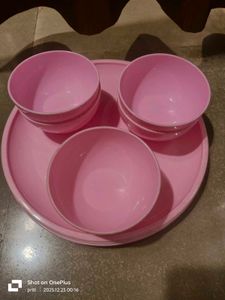 Pink Plastic Bowl and Plate Set
