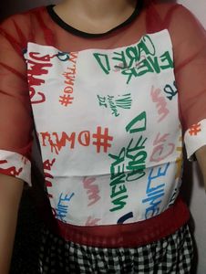 Graphic Print T-Shirt with Mesh Sleeves