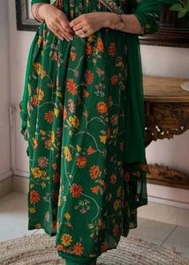 Emerald Green Floral Maxi Dress Chinon Febric