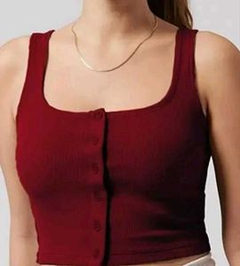 Maroon Ribbed Button Crop Top