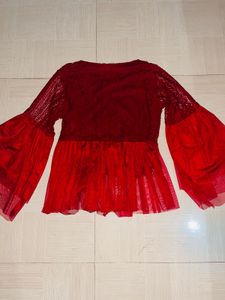 Elegant Red Lace &amp; Net Flared Top
