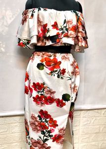 Floral Off Shoulder Cord Set With Pencil Skirt