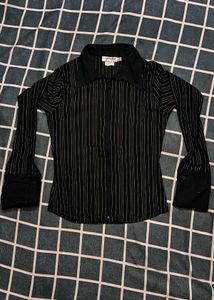 Striped Front Ruched Fitted Long Sleeve Shirt