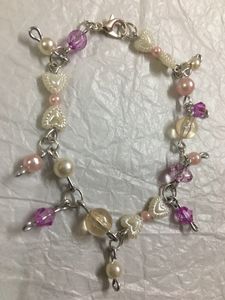 Purple Crystal,Pearl Heart And Pink Bead Bracelet