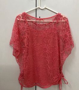Elegant Sheer Floral Lace Top – Coral Pink | Boho
