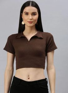 Brown Shirt Style Crop Top - S