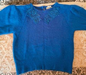 Blue Neck Embroidered Crop Sweater For Women