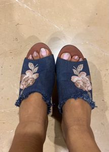 Denim Floral Slides