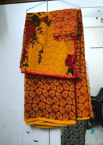 Mustard Yellow Crepe Soft Saree With Blouse Piece