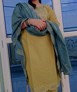 Olive Green Embroidered Kurti Set