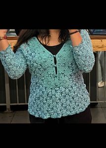 Elegant Teal Floral Lace Cardigan Top