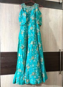 Teal Floral Embroidered Anarkali Dress with Dupatt