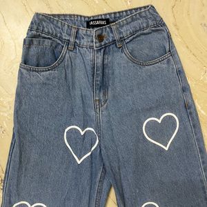 SASSAFRAS- Wide Leg Heart Print Blue Jeans