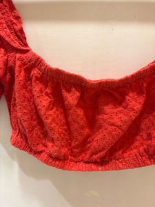 Red Eyelet Puff Sleeve Crop Top And Denim Dress