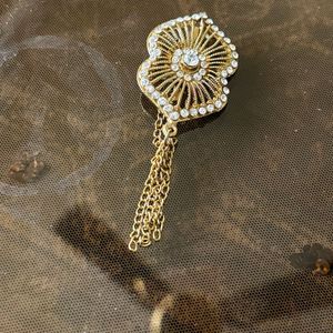 Rhinestone Gold-Tone Brooch with Chain