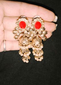 Red &amp; Gold Jhumka Earrings
