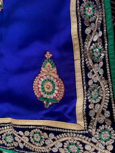 Royal Blue &amp; Red Saree Lehenga-Embroidered Blouse