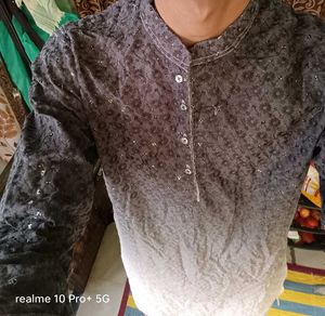 Greyish White Shaded Men Straight Kurta