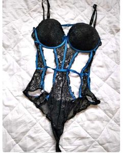 Black Lace Lingerie with Blue Accent