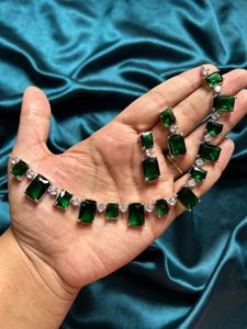 Square Cut Diva Emerald Green AD Necklace