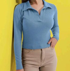 Blue Ribbed Long Sleeve Polo Top