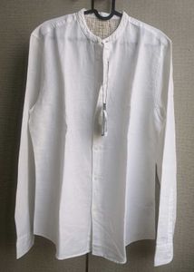Mens Linen Mix White Mandarin Collar Shirt