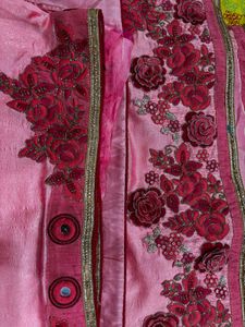 Pink Floral Embroidered Fabric Saree