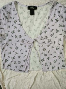 Lilac Floral Ribbed Tie-front Crop Top