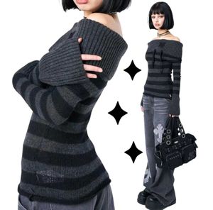 Grunge Y2k Gothic Striped Off-Shoulder Knit Top