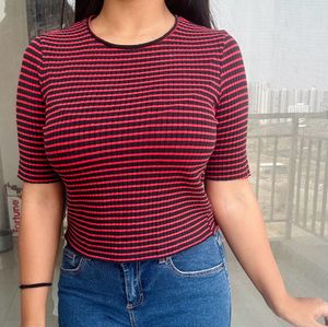 Red And Black Striped Crop Top