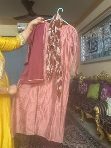 Classy Peach Kurta Set (includes trouser And Sacrf