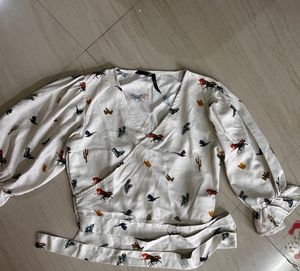 Patterned Tie-Waist Blouse
