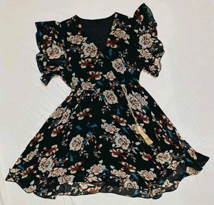 Midnight Bloom Fit And Flare Dress With Waist Tie