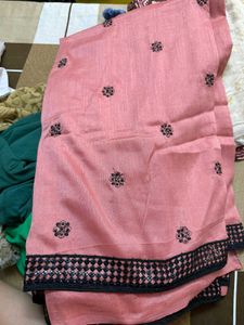 Elegant Pink Saree with Black Paisley Embroidery