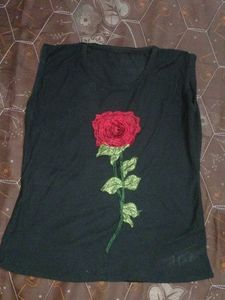 Black T-Shirt with Red Rose Embroidery