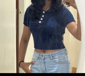Cute Navy Cropped Knit Top